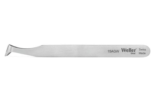 The image shows a slim, silver tool with a curved tip. It is made of metal, with the inscription "Weller" and the model number "15AGW". Ideal for precision work.