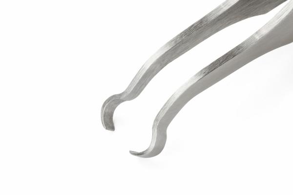 The image shows a pair of stainless steel tweezers with curved, pointed ends. They are shiny and ergonomically designed, ideal for gripping small objects.