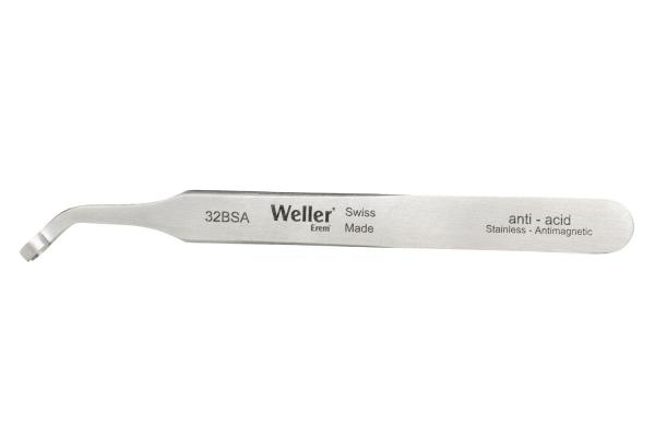 The image shows a flat, curved tweezer made of stainless steel. It has a sharp tip and is labeled with "Weller Swiss Made" along with other technical details.