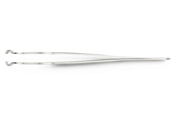 The image shows a narrow, metallic pair of pliers. It has two elongated arms that are slightly bent at one end. The pliers are shiny and have a simple, functional shape.