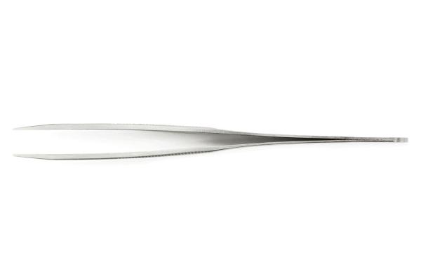 The image shows a long, slender pair of stainless steel pliers. It has two parallel, thin gripping arms and a flat tip. The surface is shiny and reflective.