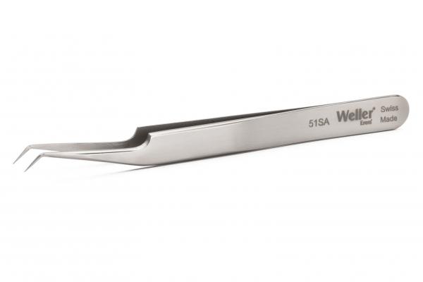 The image shows a sharp, two-pronged stainless steel tweezer. It has a narrow handle and a polished surface displaying the name "Weller".