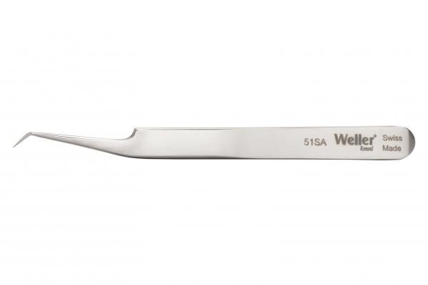 The image shows a narrow, curved tweezer made of stainless steel. It has a smooth surface and a fine tip, ideal for gripping small objects. The side reads "Weller".