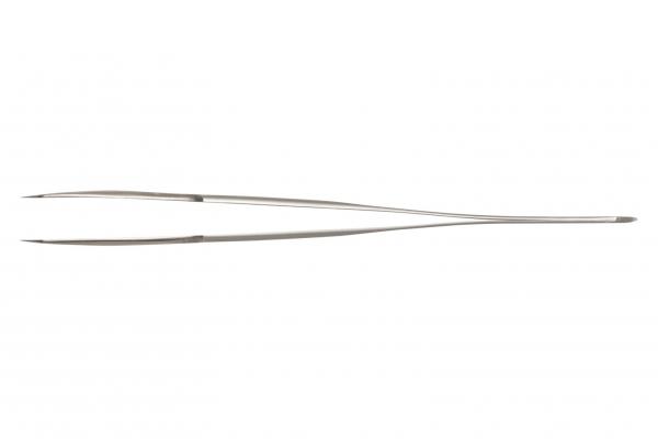 The image shows a long, straight stainless steel tweezer. It has two pointed ends and a narrow shape that converges in the middle. Ideal for gripping small objects.