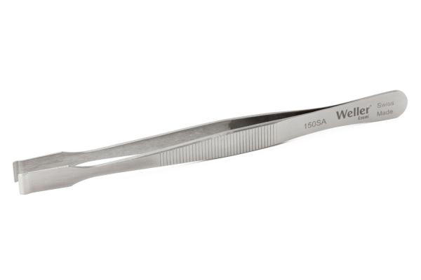 The image shows a narrow, silver metal tweezer. It has a straight shape with slightly ridged handles for better grip. The tip is straight and narrow.