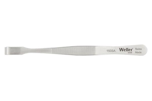The image displays a narrow, metallic pair of tweezers with a flat, broad tip and a non-slip grip surface. It is suitable for precision tasks and bears the inscription "Weller Swiss Made".
