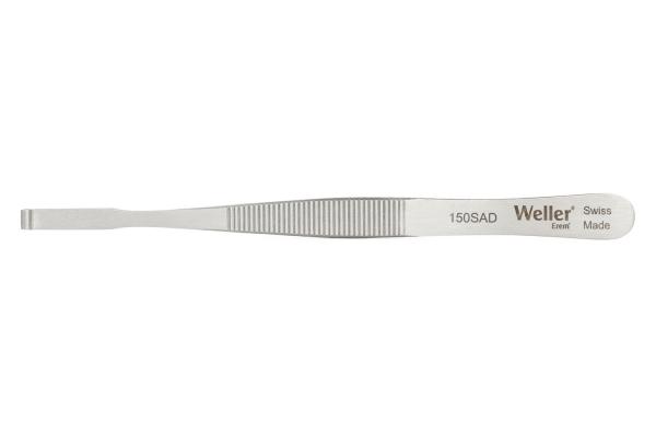 The image shows a long, slender pair of tweezers made from shiny metal with a broad, flat tip. It has a ridged surface for better grip and bears the inscription "Weller Swiss Made".