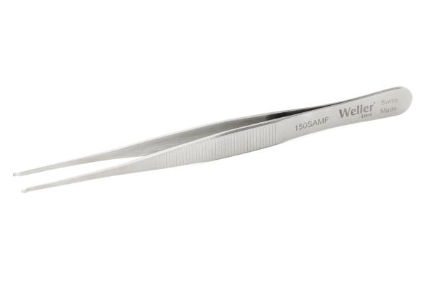 The image shows a narrow, metallic tweezer with two pointed gripping surfaces. The surface is shiny, and one side bears the inscription "Weller".