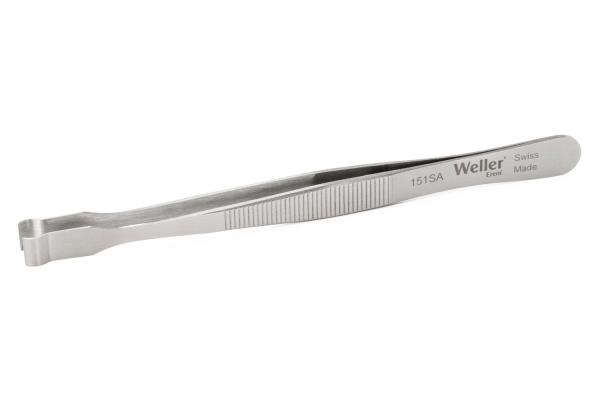 The image displays a straight, metallic tweezer with a flat, broad tip. It features a ridged structure on the side for improved grip. The surface is smooth and shiny.