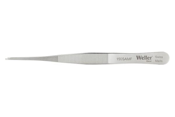 The image shows a silver tweezer with a long, narrow shape. The surface is shiny and has a grooved structure for better grip. On the side, it reads "Weller Swiss Made".