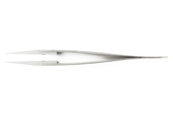 The image shows a narrow, metallic tweezer. It has two sharp, pointed ends and an ergonomic shape that slightly narrows in the middle.