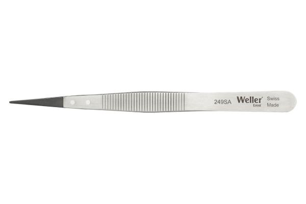 The image shows a silver tweezer with a slim, pointed end. The surface has grooves for better grip, and one side is marked with the inscription "Weller."