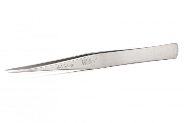 The image displays a slim, metallic tweezer with a pointed, narrow tip. It has a matte finish and the inscription "Weller" is engraved.