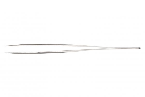 The image shows a long, narrow metal tweezer with two pointed ends. It is straight and shiny, ideal for gripping small objects.