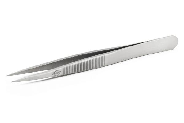 The image shows a narrow tweezer made of shiny metal. It has long, pointed tips and a flat, non-slip surface on one side.