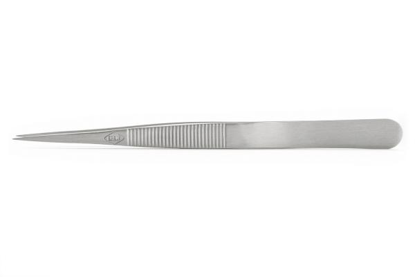 The image shows a narrow, metallic tweezer. It has a pointed shape with a ridged grip surface for better hold and is completely silver-colored.