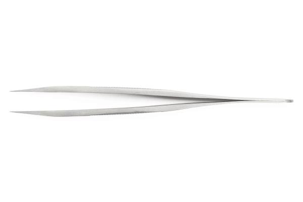 The image shows a long, narrow pair of metal tweezers with pointed ends. It is shiny and simply designed, suitable for grasping small objects.
