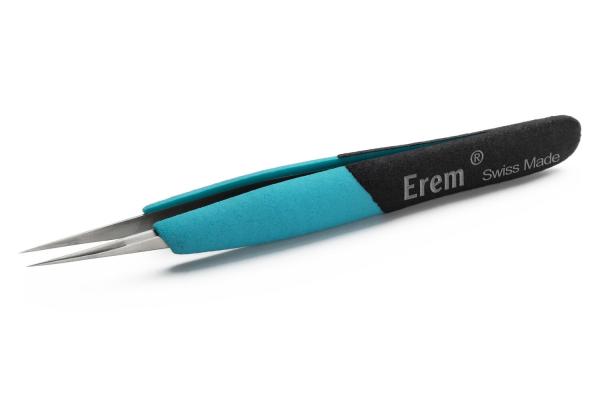 The image shows a pair of tweezers with a narrow, pointed shape and an ergonomic handle. The handle is in black and turquoise, featuring the inscription "Erem Swiss Made".
