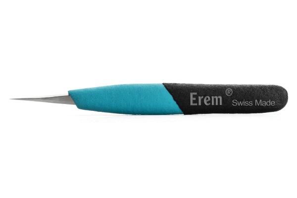 The image shows a pointed pair of pliers with a narrow, shiny metal head and an ergonomic handle. The handle is blue and black, with the inscription "Erem Swiss Made".