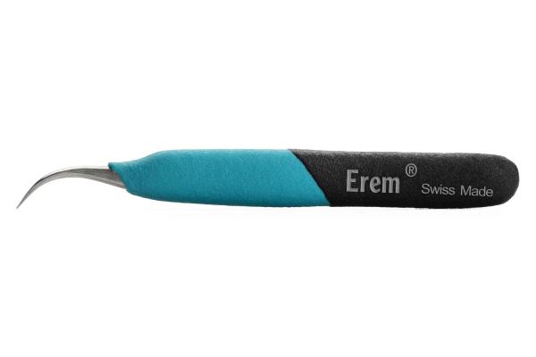 The image shows a tool with a curved, narrow stainless steel head and an ergonomic handle. The handle is partly blue and partly gray with the inscription "Erem Swiss Made".