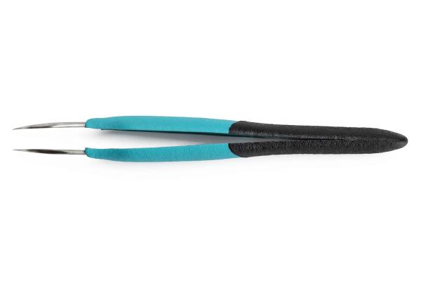 The image shows a pair of tweezers with two pointed, metallic gripping surfaces. The handle is two-toned: light blue on top and black on the bottom, with a non-slip surface.