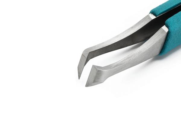The image shows an angled pair of pliers with two sharp, metallic jaws. The handle is greenish and slightly cushioned. The pliers appear to be well-made and sturdy.