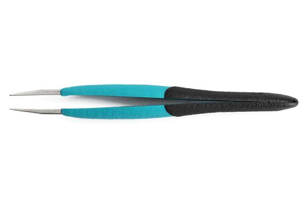 The image shows a long pair of tweezers with two thin tips. The handle is blue in the middle and black at the ends. It has a smooth, narrow shape, ideal for grasping small objects.