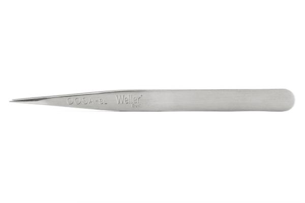 The image displays a long, narrow pair of stainless steel tweezers. It features a pointed tip and a flat, straight surface. The top is stamped with "Weller."