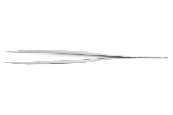 The image displays a narrow, rectangular blade with two long, pointed ends that are parallel to each other. It features a smooth, metallic shiny surface and is very slender.