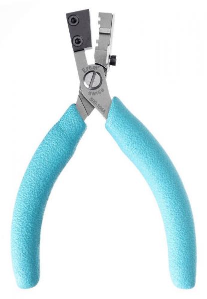 The picture shows a pair of pliers with blue, non-slip handles. The pliers have a flat, metallic tip that is used for gripping and bending wires or small objects.