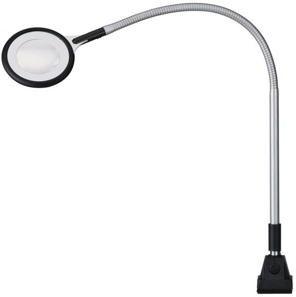 The image shows a flexible magnifying glass with a round, magnifying lens. The long, bendable neck allows the magnifying glass to be positioned in various ways. There is a stable mount at the bottom.