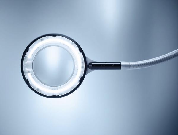 The image shows a large magnifying glass with a round, illuminated frame. It has a long, flexible neck and is positioned in soft light. The background is bright and monochromatic.