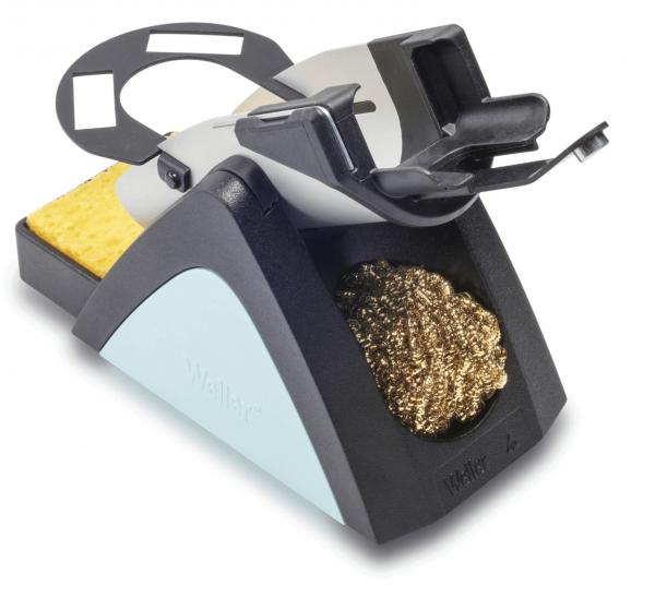 The image displays a tool used for soldering. It features a black base, a gray handle, and a sponge for cleaning the soldering tip. It appears modern and functional.