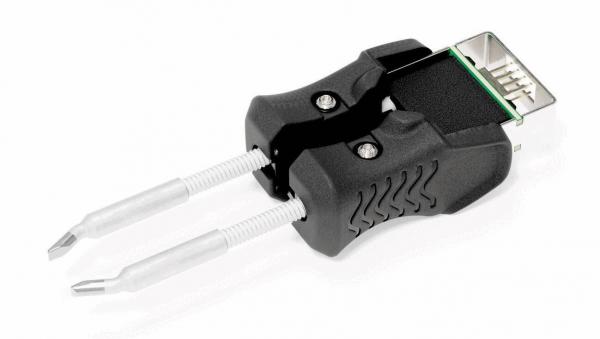 Das Bild zeigt ein schwarzes, schnittig geformtes Werkzeug, das an einem Ende einen USB-Anschluss hat. An beiden Seiten sind zwei schmale, durchsichtige Stäbe befestigt.