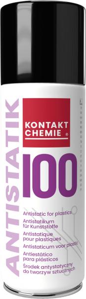 Eine Spraydose mit schwarzem Deckel und einem weißen Körper. Darauf steht in roter Schrift "KONTAKT CHEMIE" und in lila "ANTISTATIK 100". Sie ist für antistatische Anwendungen.