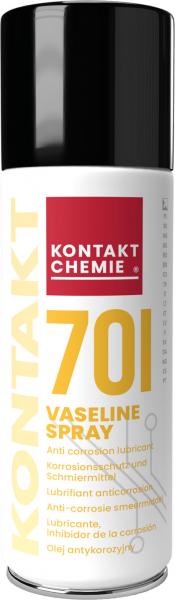 Das Bild zeigt eine Spraydose mit schwarzem Deckel und weißem Körper. Auf dem Etikett steht "KONTAKT CHEMIE" und "70I VASALINE SPRAY" in rot und schwarz. Das Design ist modern und klar.