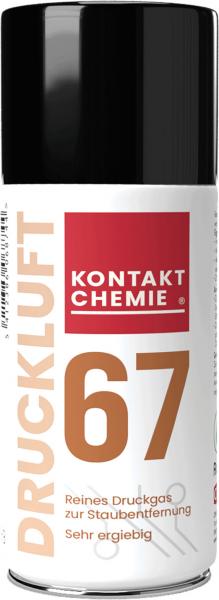 Das Bild zeigt eine Spraydose mit schwarzem Deckel und einem weißen Körper. Darauf steht "KONTAKT CHEMIE" in schwarzer Schrift und "DURCKLUFT 67" in orange. Es handelt sich um Druckluft zur Reinigung.