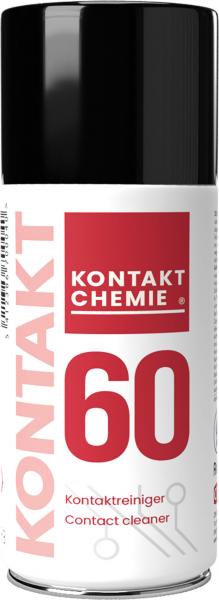 Das Bild zeigt eine Spraydose mit schwarzem Deckel und weißem Körper. In roter Schrift steht "KONTAKT 60" und "KONTAKT CHEMIE" darunter. Es handelt sich um einen Kontaktreiniger.