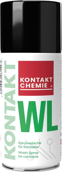 Das Bild zeigt eine Spraydose mit schwarzem Deckel. Die Dose hat eine weiße Oberfläche mit roten und grünen Schriftzügen. Auf der Vorderseite steht "KONTAKT WL", ?Sprühwäsche für Kontakte?.