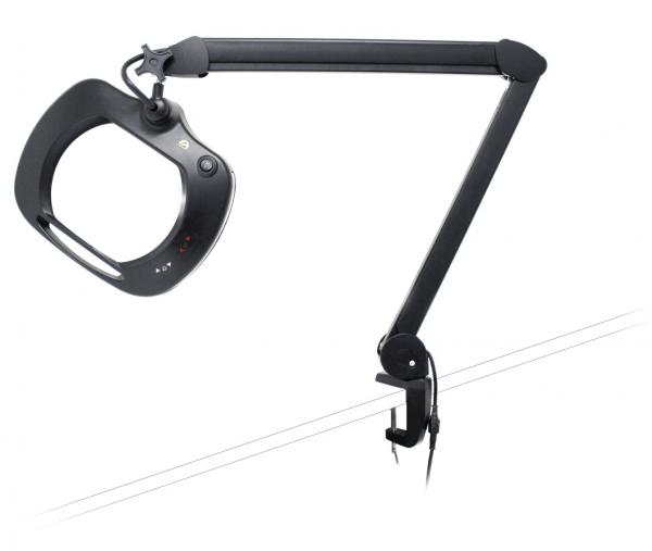 The image shows a flexible magnifying glass with an adjustable mount. It has a large, round frame and is attached with a clamp. Ideal for detailed work.