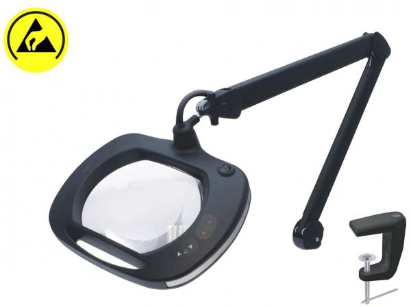 The image shows a black, ergonomically designed magnifying glass with a large, round glass element. It has a long, flexible arm for adjusting the position and a clamping area for attachment.