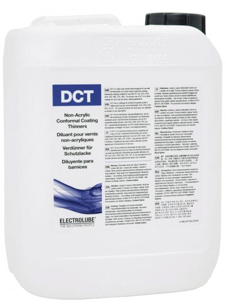 The image shows a white, rectangular canister with a black lid. On the front, the letters "DCT" are printed in blue, along with multilingual instructions and information.