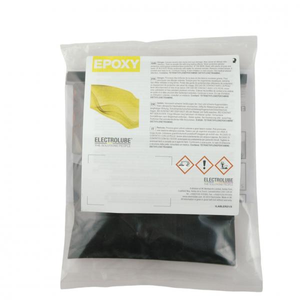 The image shows a transparent package with a white label. It reads "EPOXY" in yellow font. A safety notice and additional information are also printed.