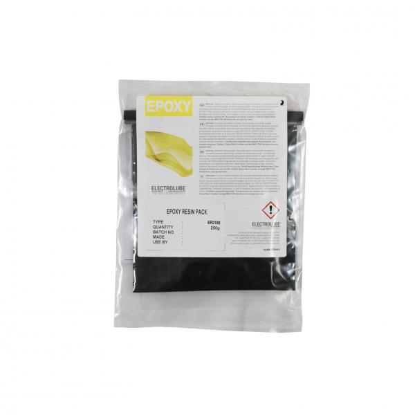 The image shows a transparent packaging with a white label. On it, "EPOXY" is written in yellow. Below are details about the epoxy resin mixture. The contents are presumably black.