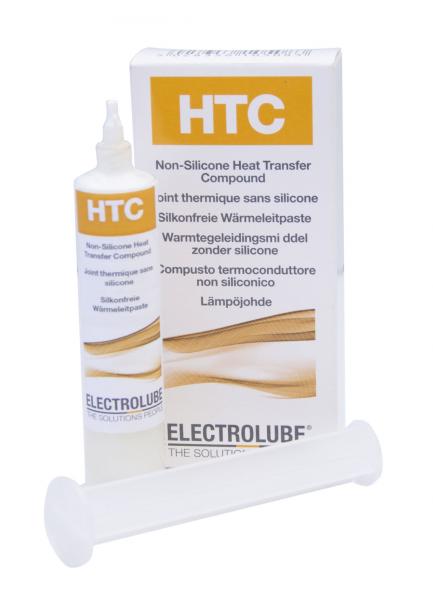 The image displays a tube of thermal paste and its packaging. The tube is white with yellow lettering that reads "HTC". Adjacent to it, the packaging also features prominent yellow text describing the product.