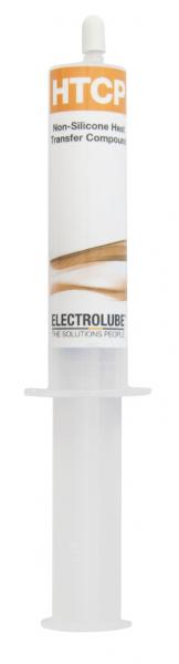 The image shows a syringe with a white cylindrical body. On the front, there is a LABEL with the text "HTCP" and other technical information displayed.