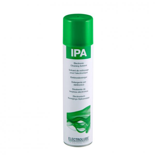 A cylindrical spray can with a green lid. On the white label it says "IPA" and information about the product, which serves as an electronics cleaner.