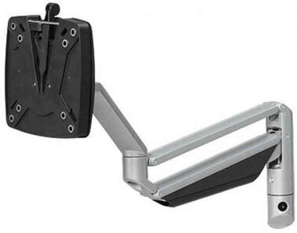 The image displays a monitor mount with a movable, silver arm. The mount can be adjusted into various positions and features a black back with multiple mounting holes.