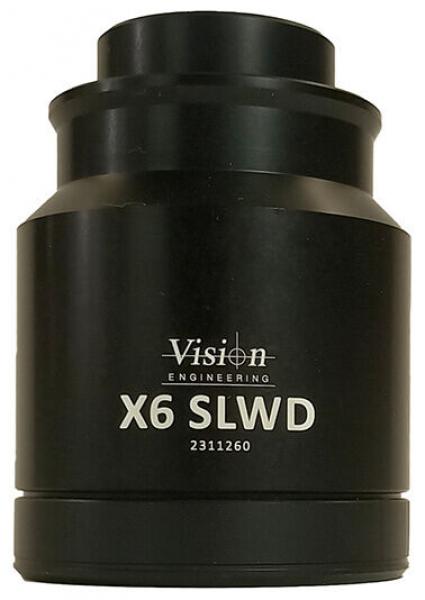 The image shows a black, cylindrical lens marked "Vision Engineering X6 SLWD" with a serial number below it. It has a wider upper part and tapers towards the bottom.