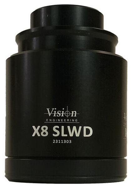 The image shows a black optical accessory, likely a lens or a lens. It has a cylindrical shape with a smooth surface and a white label on the front.